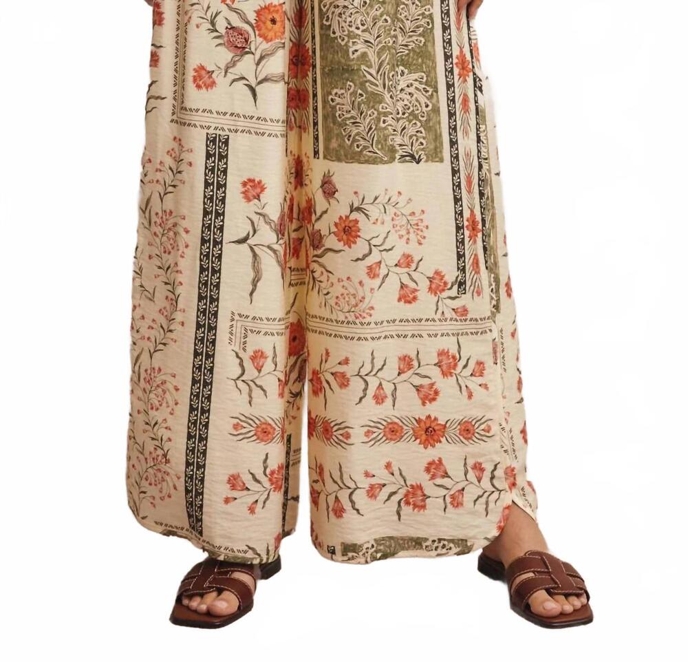 NEW FORTE patchwork floral wide-leg pants in beige
